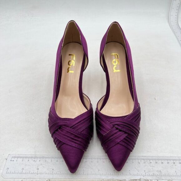FSJ Women Low Kitten Heels Pointed Toe Slip on Pumps Pleated Satin Heels Purple - Picture 3 of 7